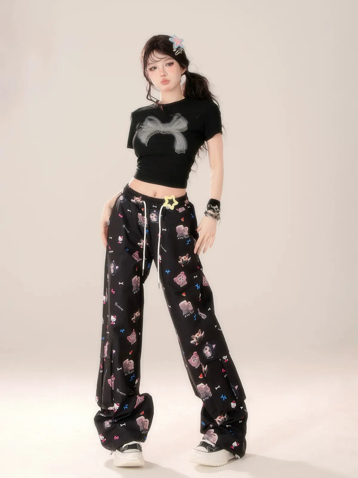 Casual Niche Pants Black Design Hook Cat