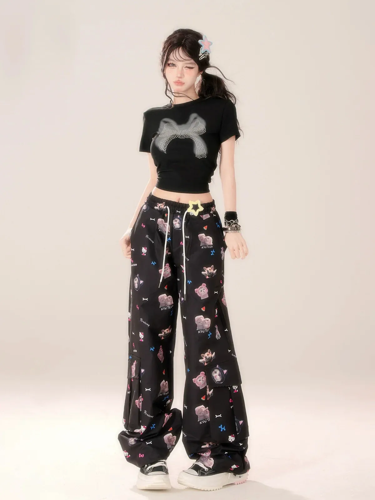 Casual Niche Pants Black Design Hook Cat