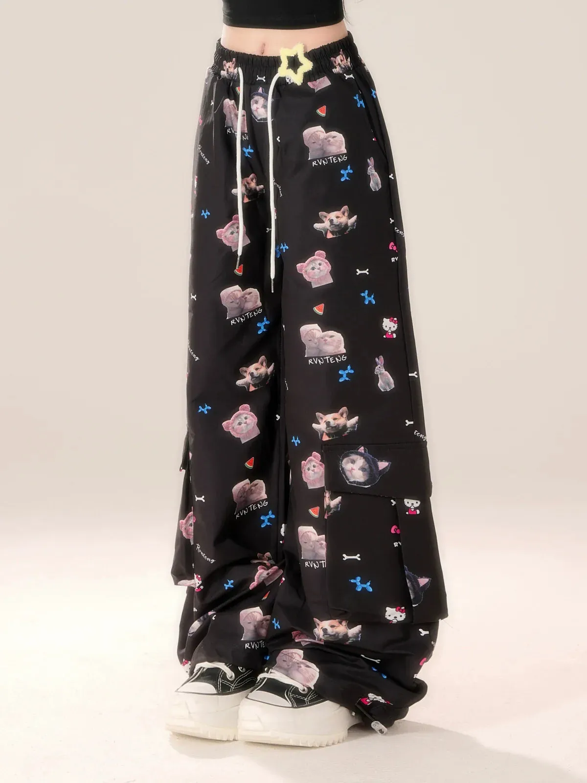Casual Niche Pants Black Design Hook Cat