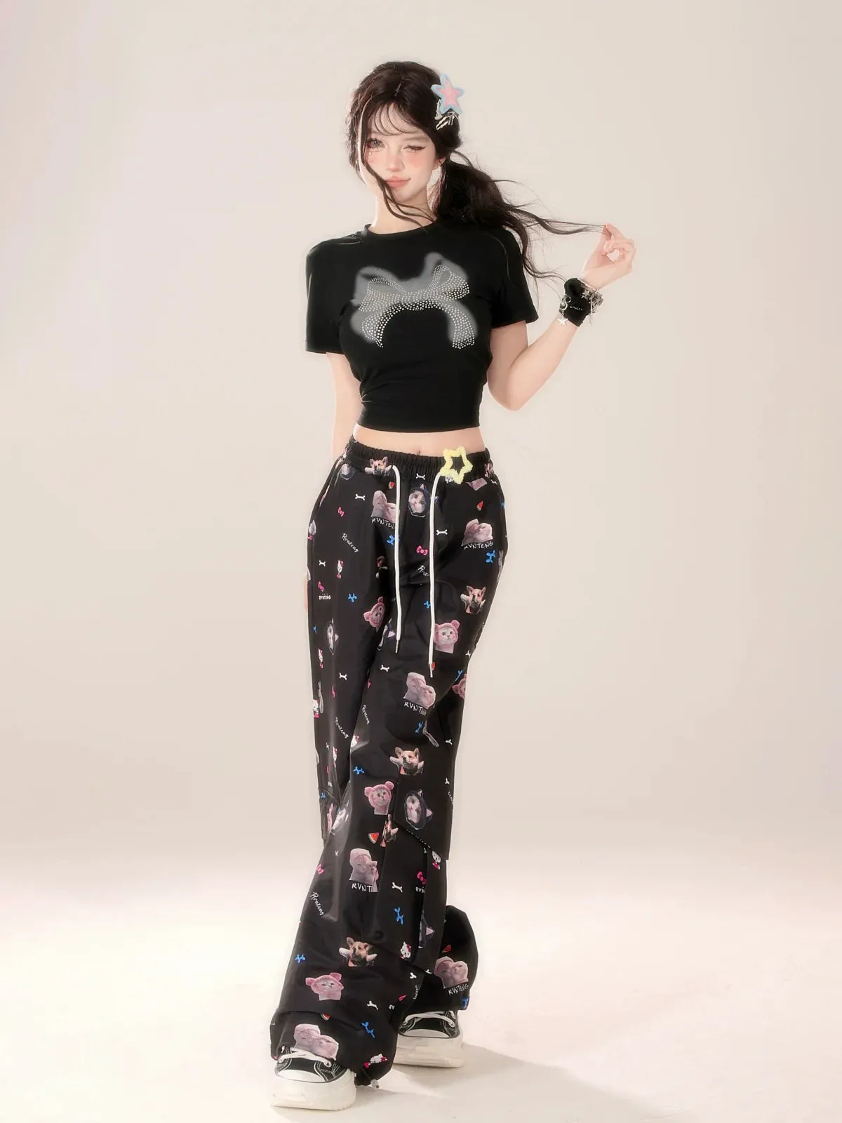 Casual Niche Pants Black Design Hook Cat