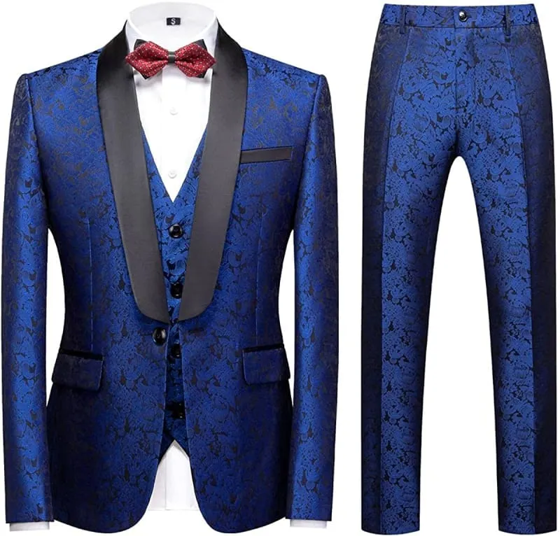 Chic Royal Blue Three Pieces Floral Jacquard Slim Fit Wedding Suits Groom Wedding Men Suit