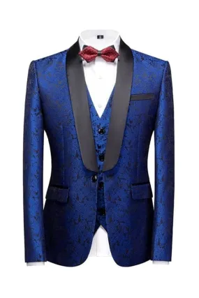 Chic Royal Blue Three Pieces Floral Jacquard Slim Fit Wedding Suits Groom Wedding Men Suit