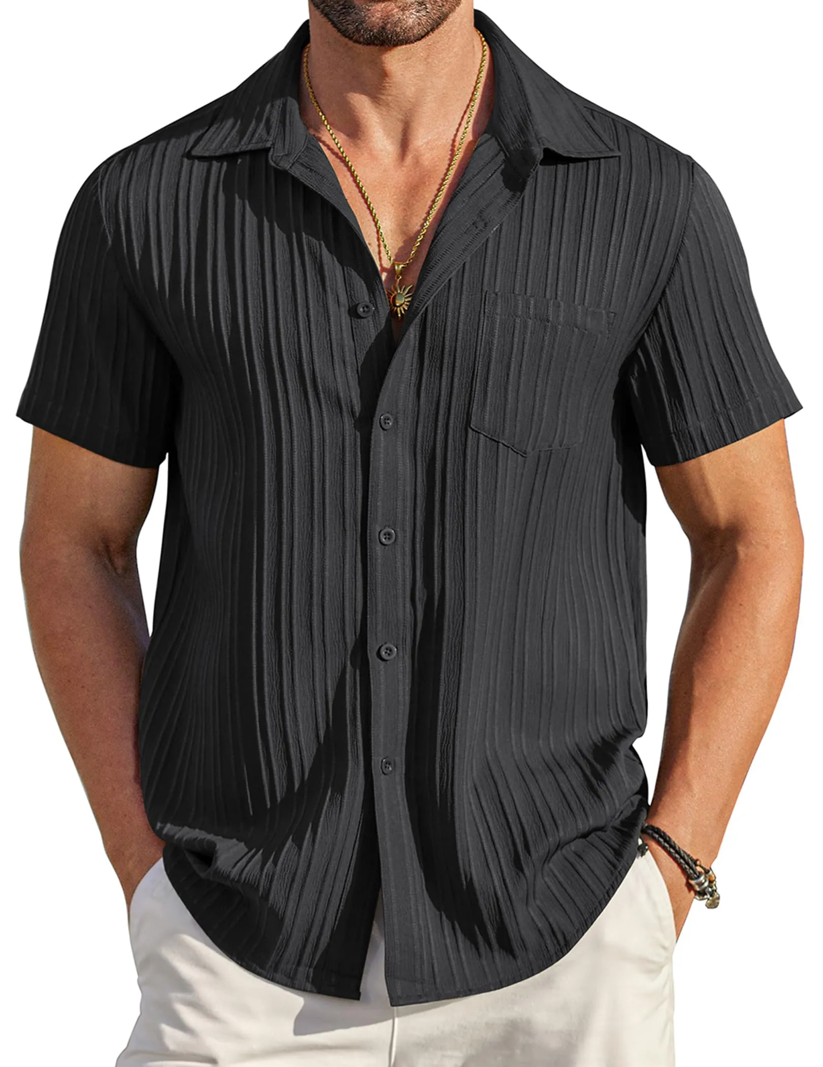 COOFANDY Men's Casual Button Down Shirts Short Sleeve Textured Summer Beach Shirt with Pocket