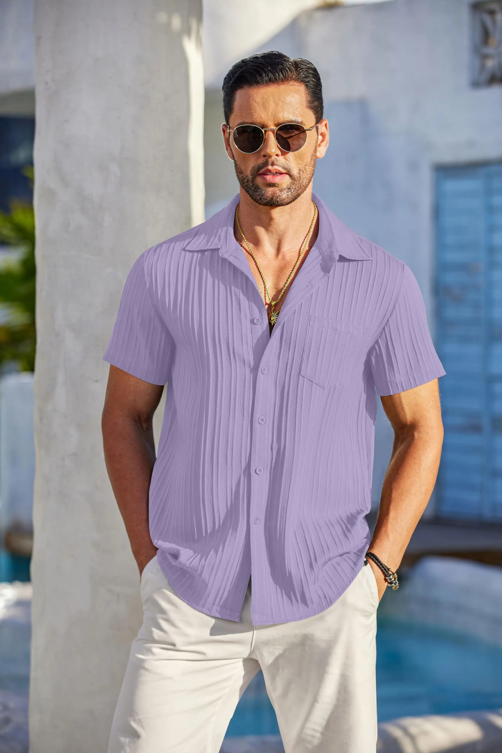 COOFANDY Men's Casual Button Down Shirts Short Sleeve Textured Summer Beach Shirt with Pocket