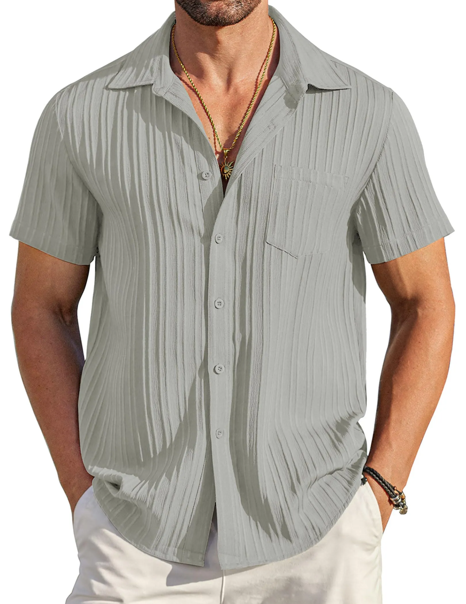 COOFANDY Men's Casual Button Down Shirts Short Sleeve Textured Summer Beach Shirt with Pocket
