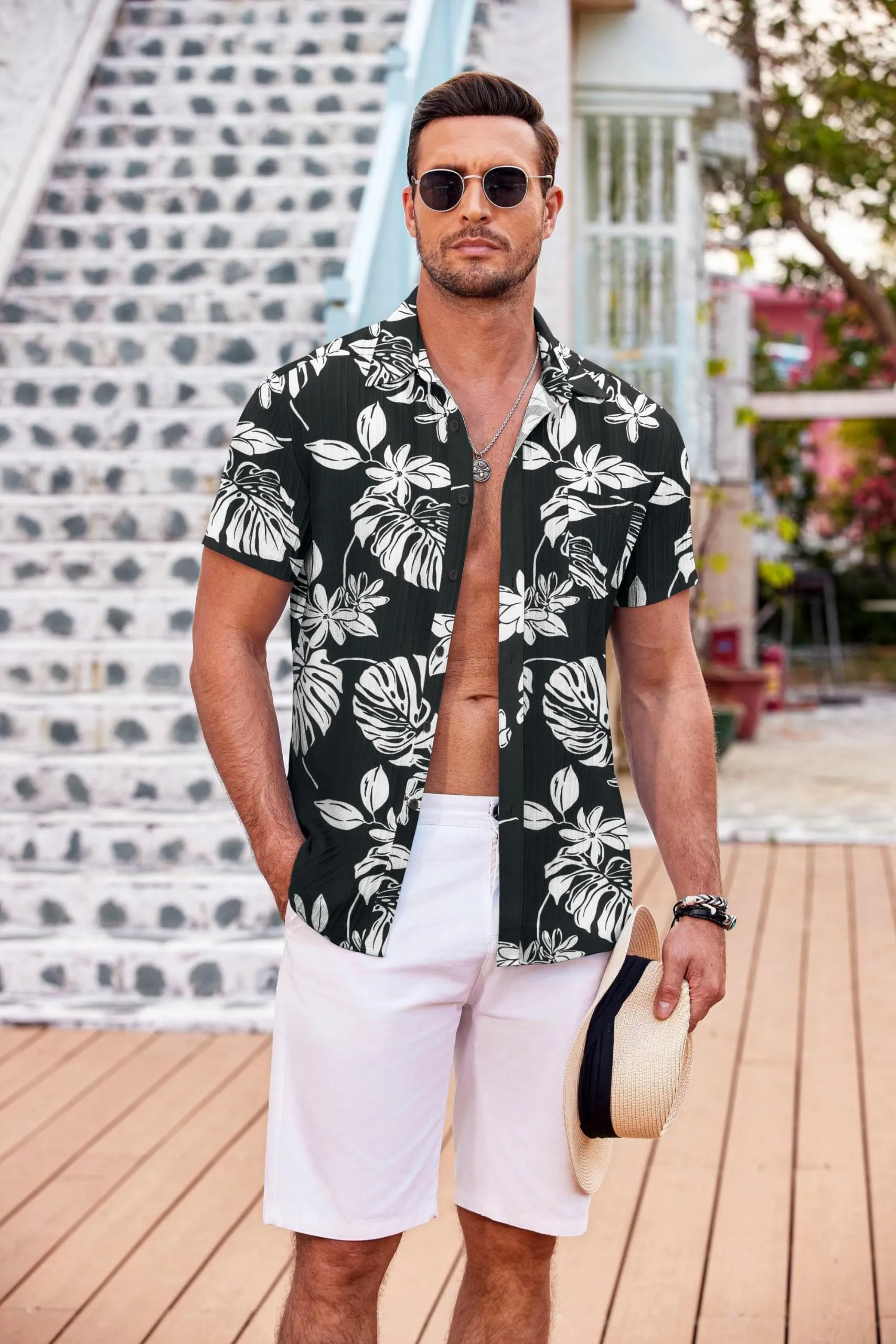 COOFANDY Men's Casual Button Down Shirts Short Sleeve Textured Summer Beach Shirt with Pocket