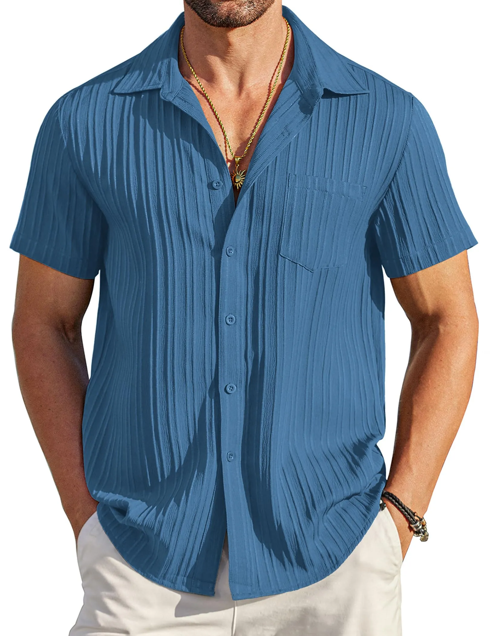 COOFANDY Men's Casual Button Down Shirts Short Sleeve Textured Summer Beach Shirt with Pocket