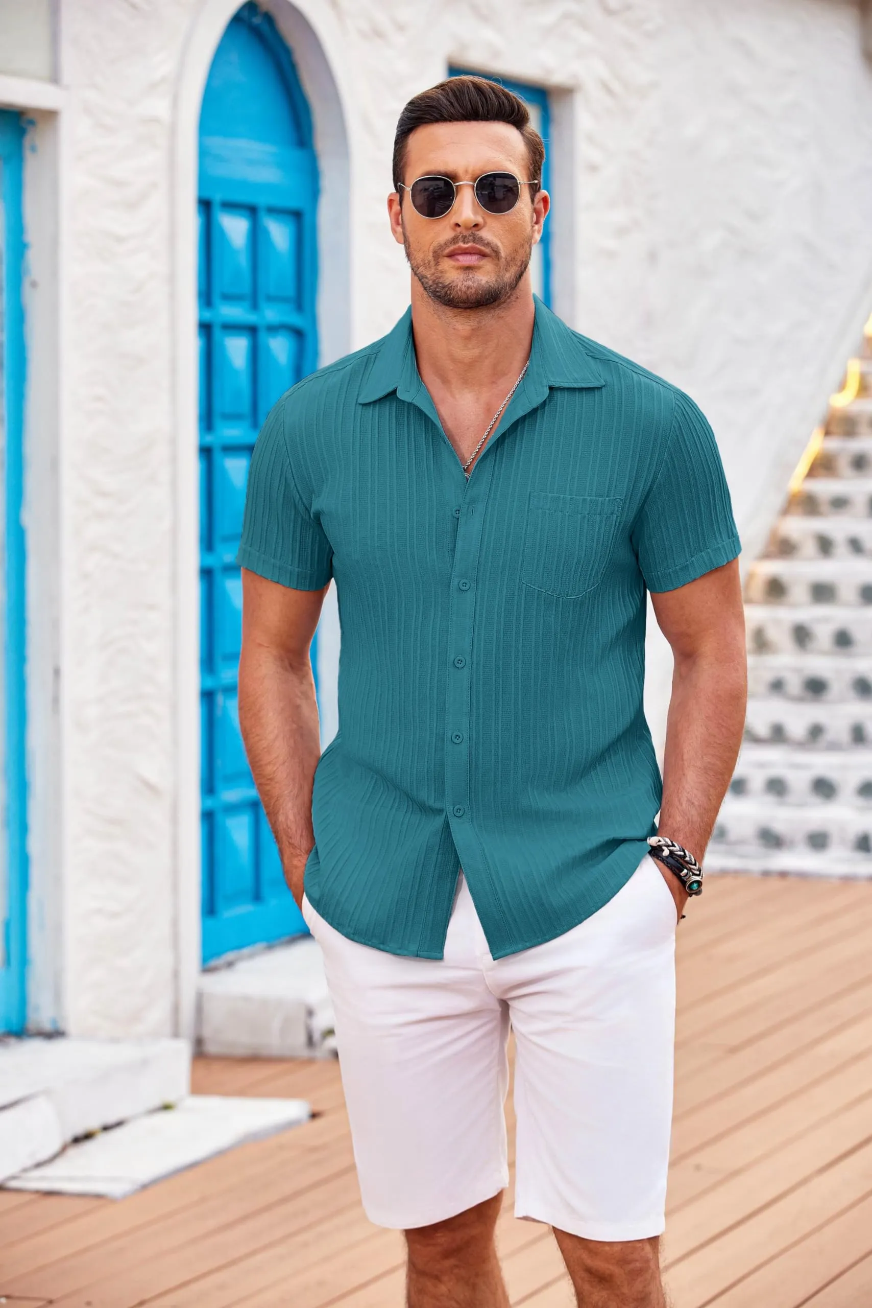 COOFANDY Men's Casual Button Down Shirts Short Sleeve Textured Summer Beach Shirt with Pocket