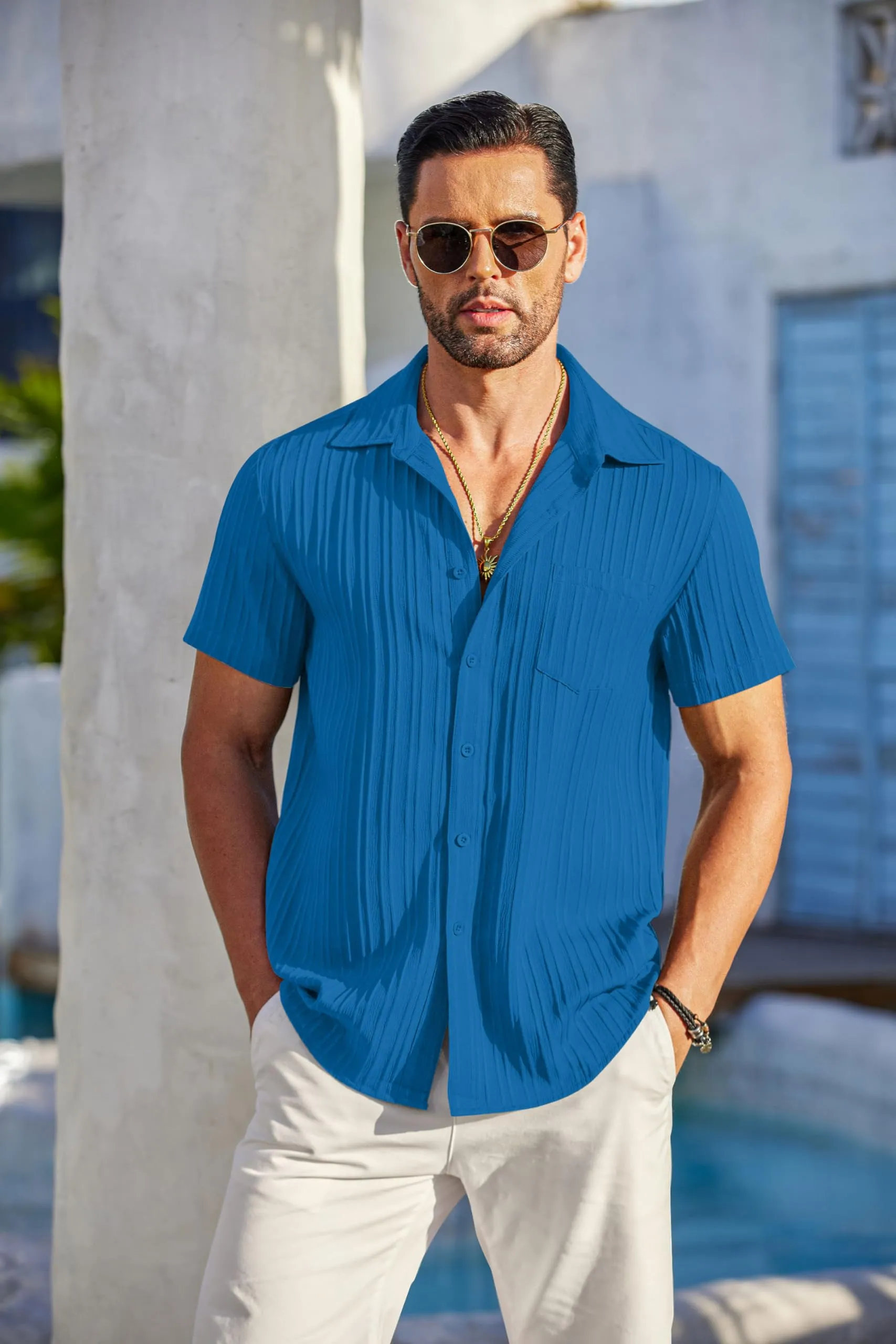 COOFANDY Men's Casual Button Down Shirts Short Sleeve Textured Summer Beach Shirt with Pocket