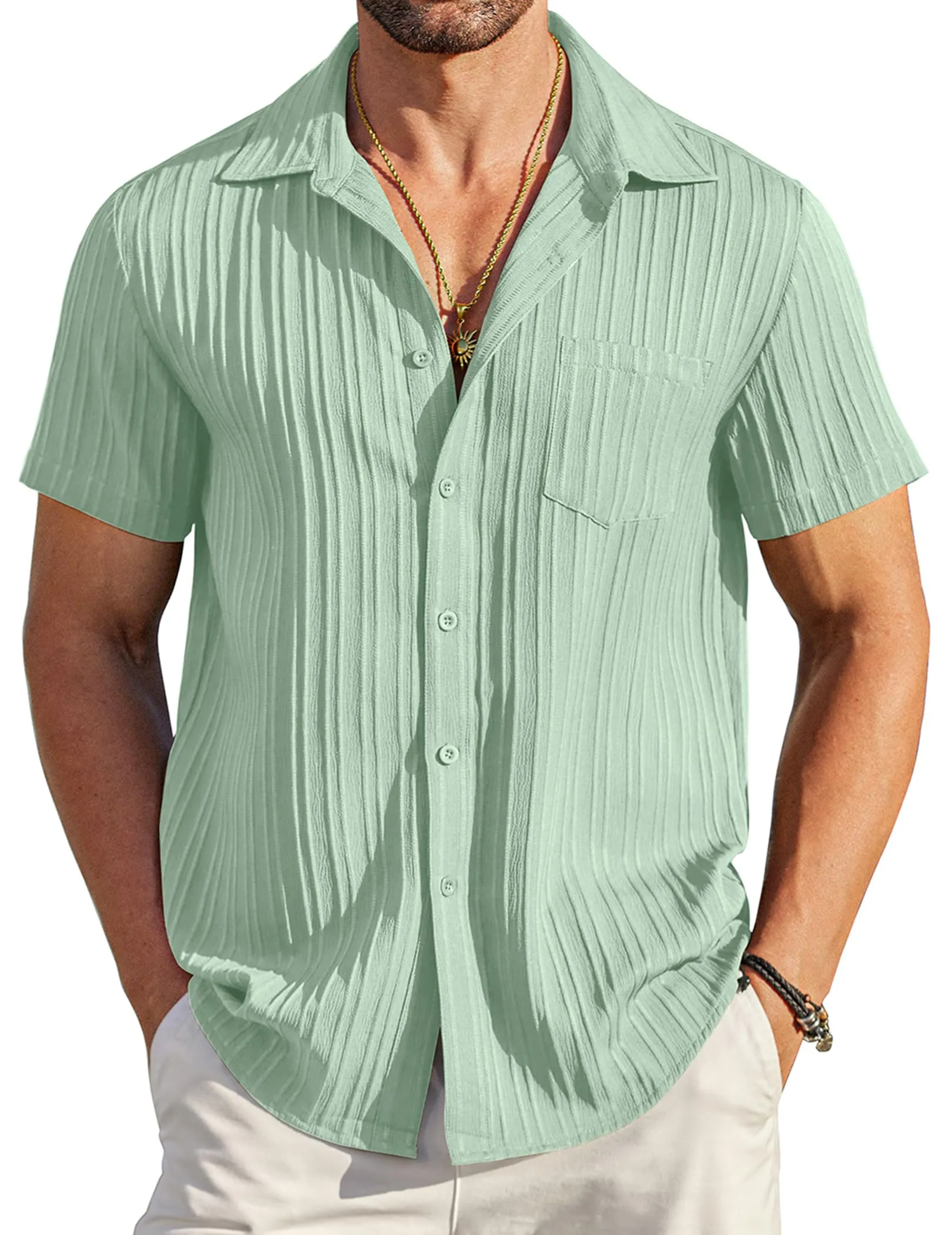 COOFANDY Men's Casual Button Down Shirts Short Sleeve Textured Summer Beach Shirt with Pocket