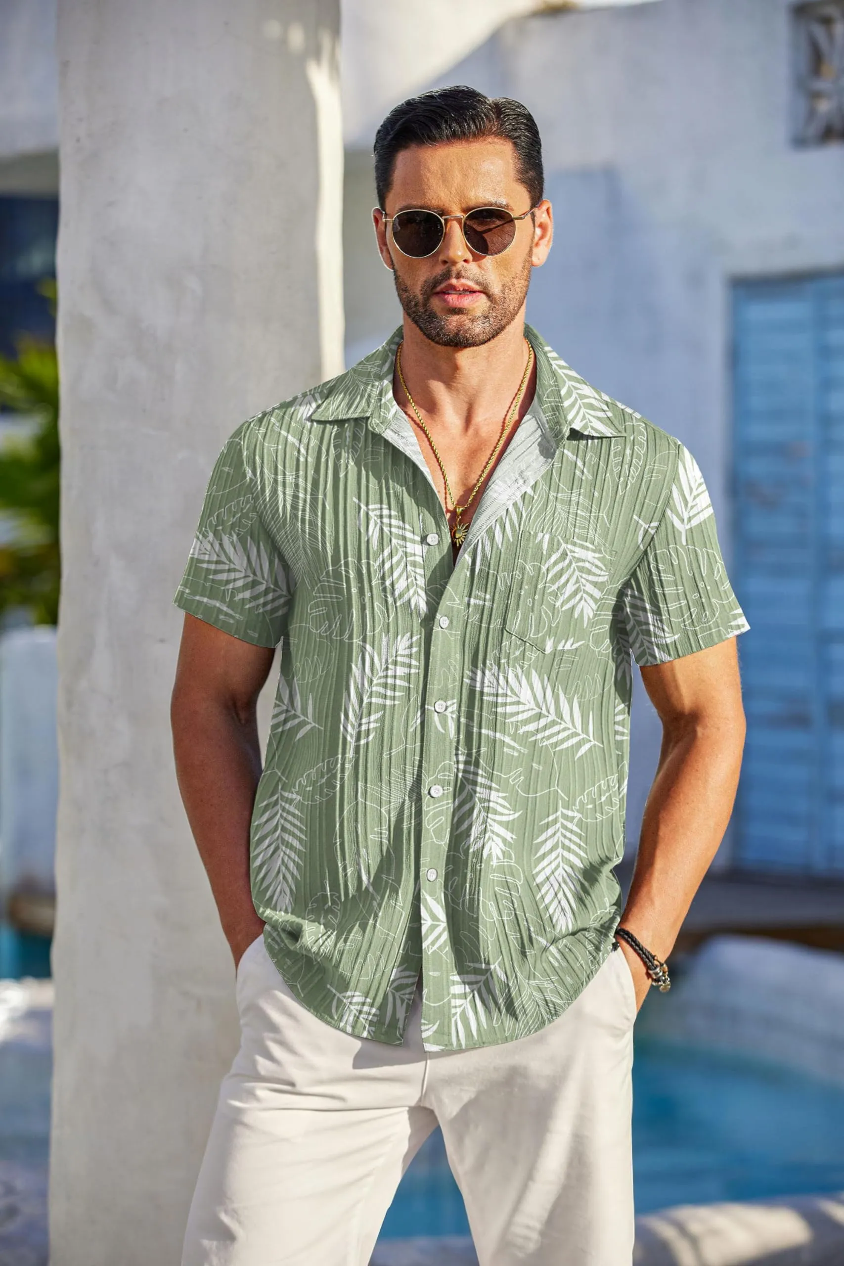 COOFANDY Men's Casual Button Down Shirts Short Sleeve Textured Summer Beach Shirt with Pocket