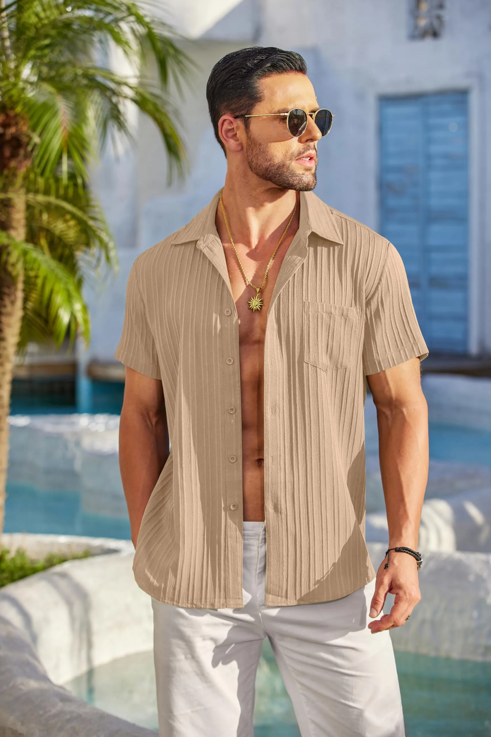 COOFANDY Men's Casual Button Down Shirts Short Sleeve Textured Summer Beach Shirt with Pocket