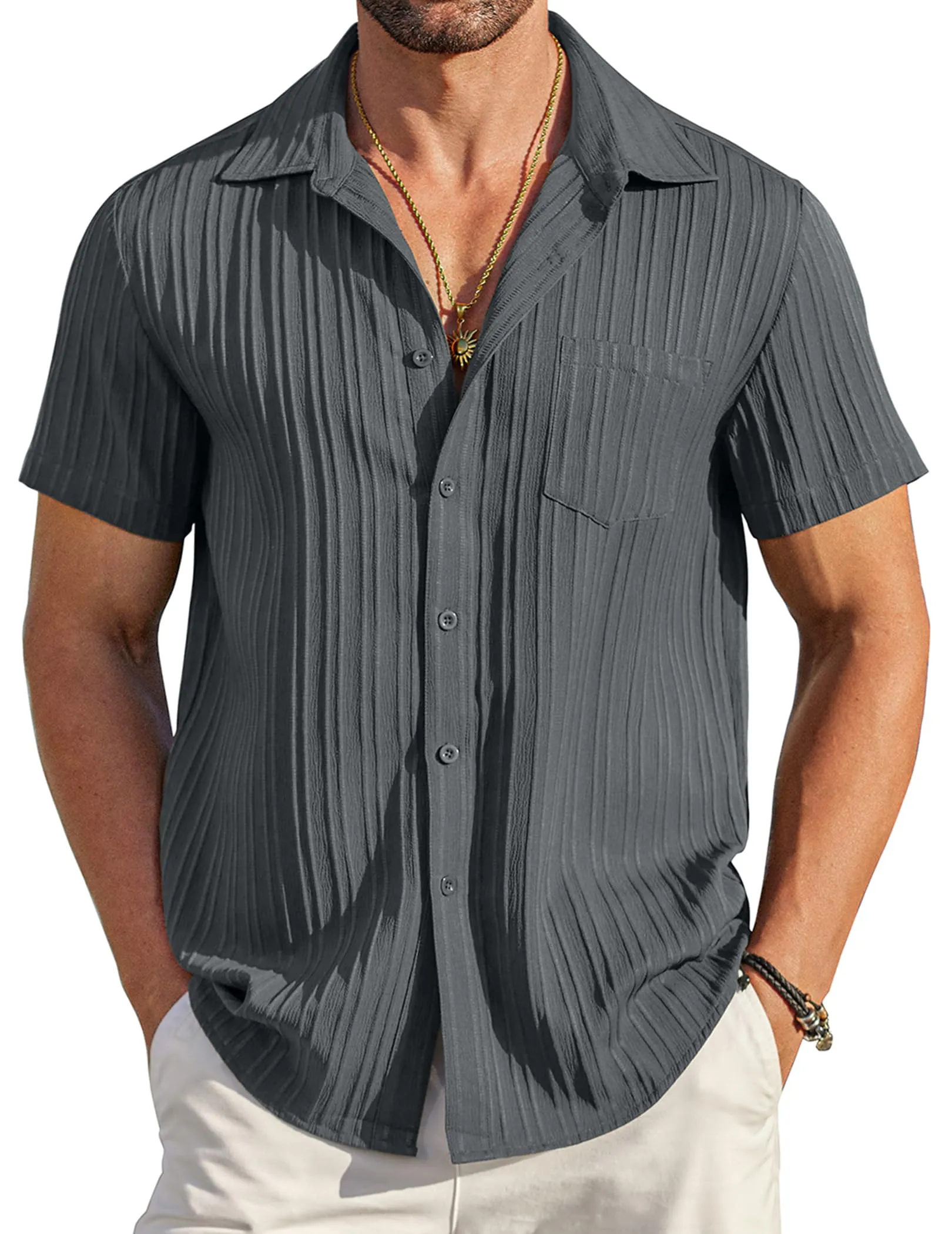 COOFANDY Men's Casual Button Down Shirts Short Sleeve Textured Summer Beach Shirt with Pocket