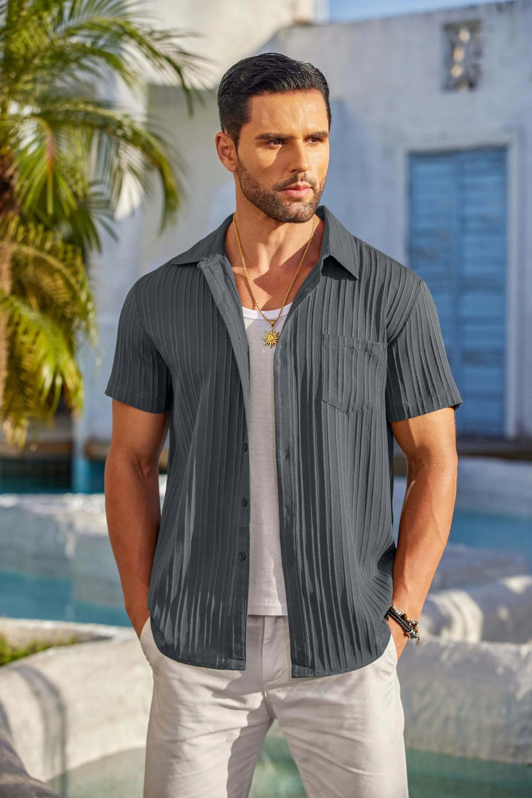 COOFANDY Men's Casual Button Down Shirts Short Sleeve Textured Summer Beach Shirt with Pocket