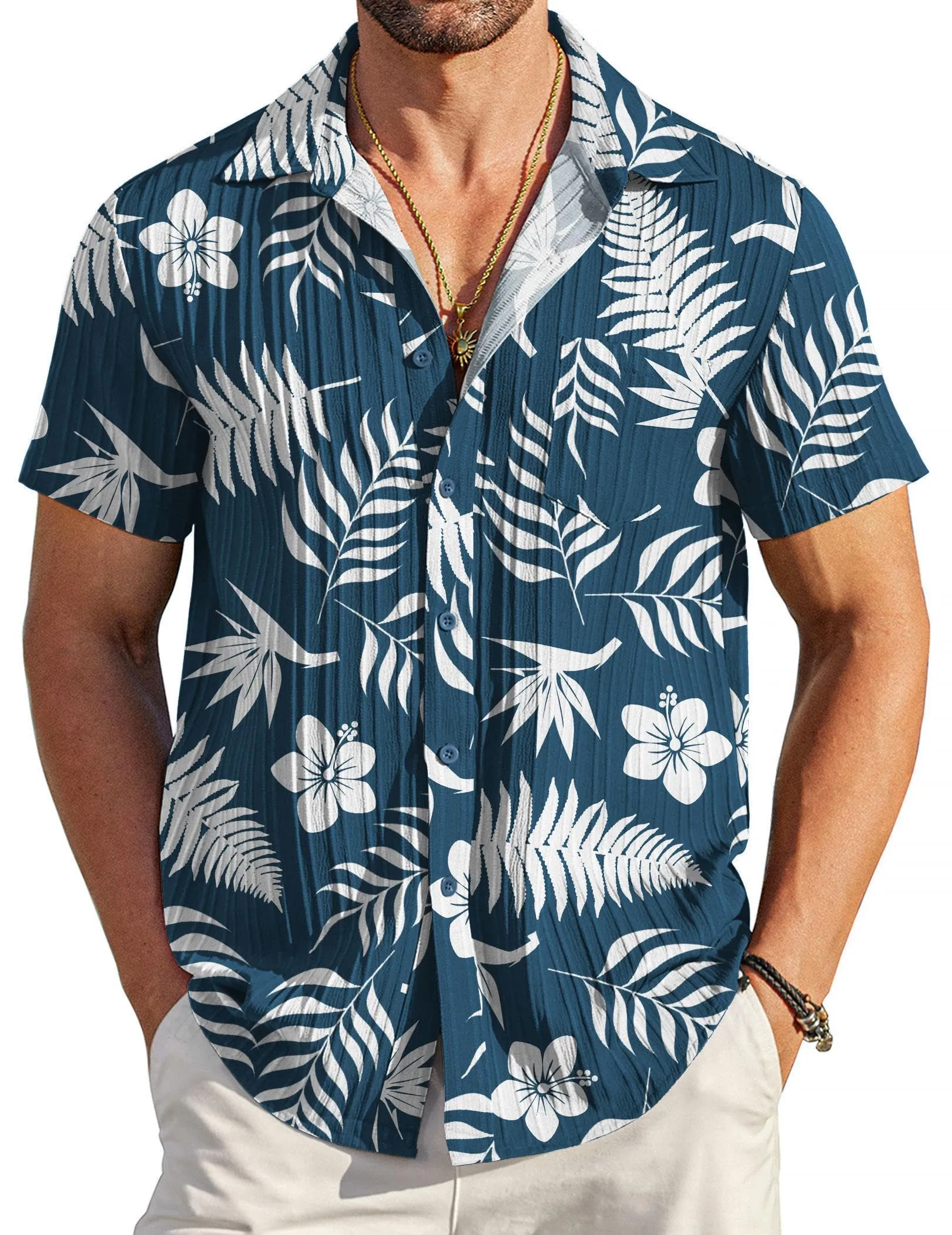 COOFANDY Men's Casual Button Down Shirts Short Sleeve Textured Summer Beach Shirt with Pocket