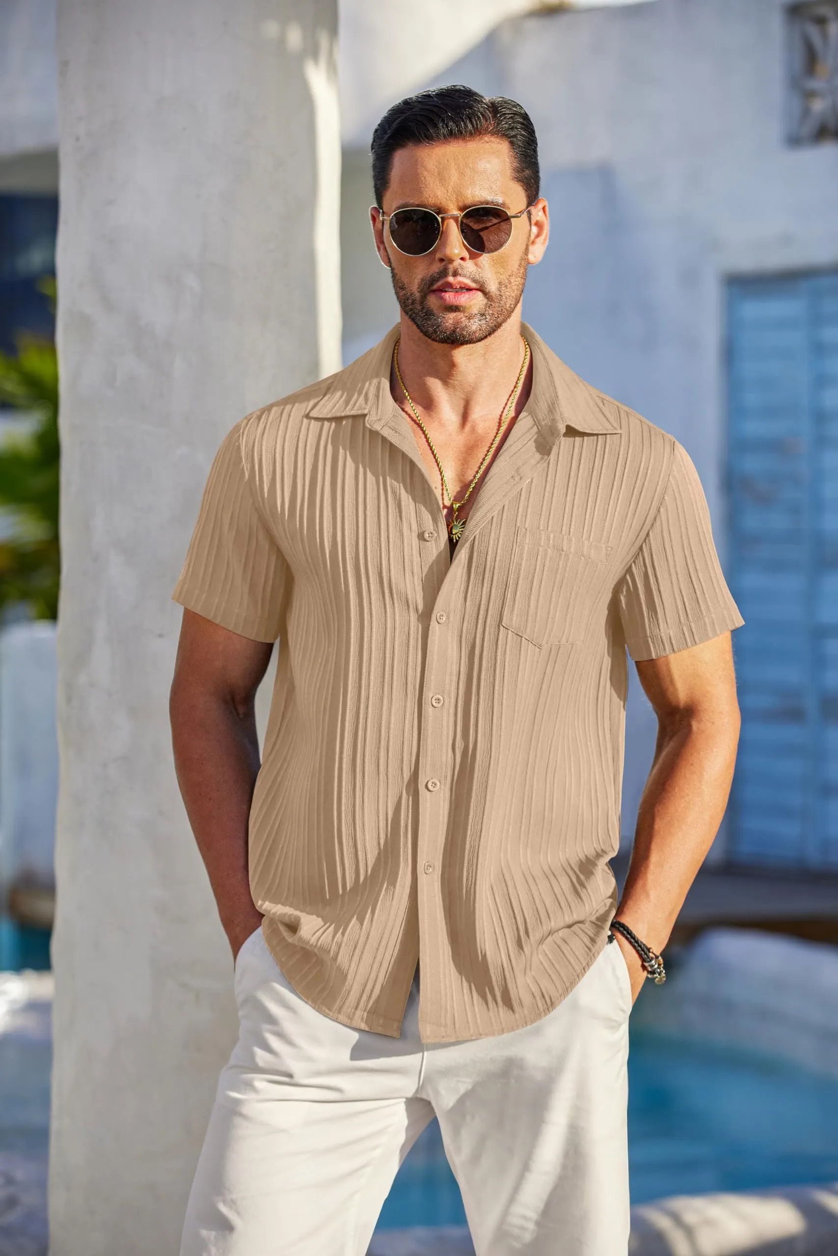 COOFANDY Men's Casual Button Down Shirts Short Sleeve Textured Summer Beach Shirt with Pocket