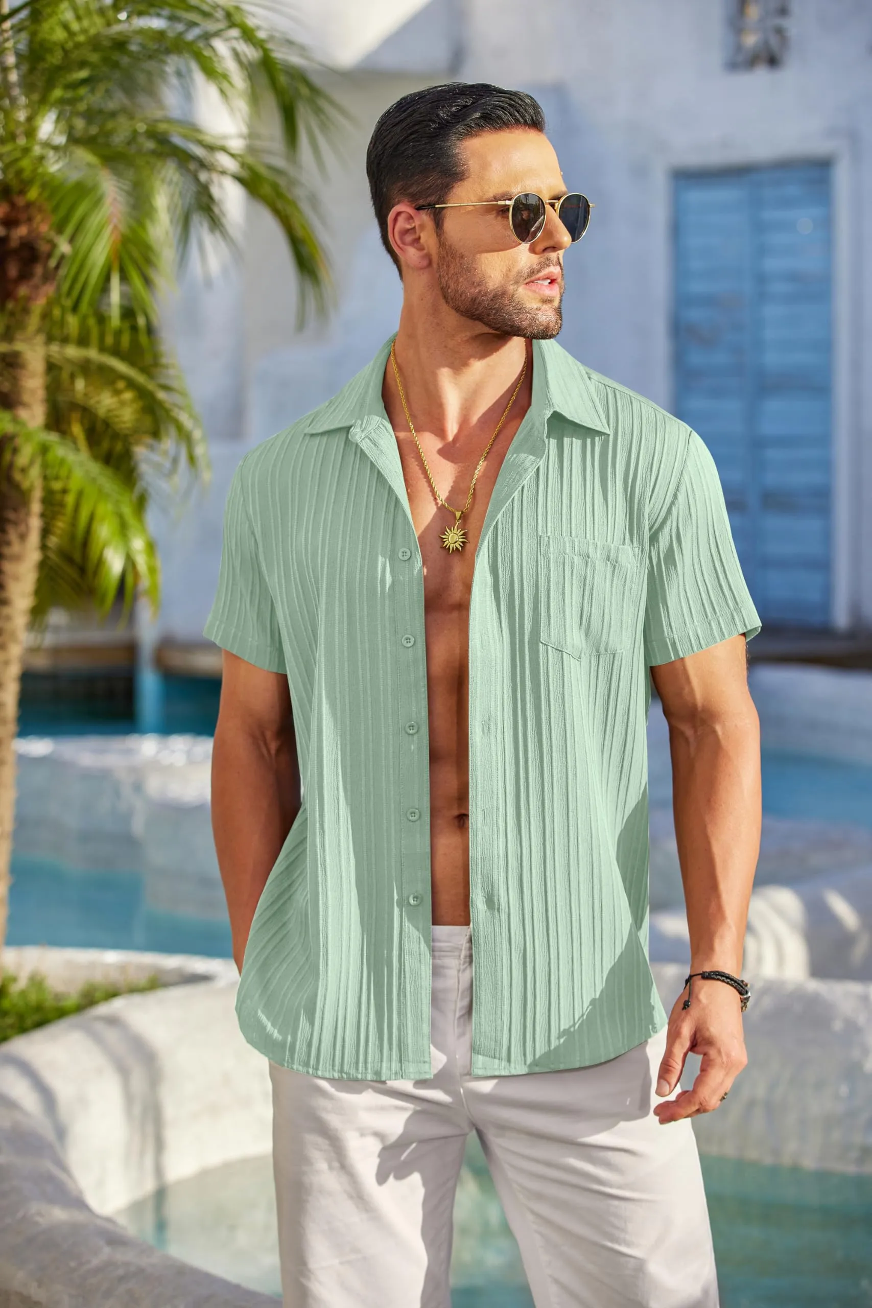 COOFANDY Men's Casual Button Down Shirts Short Sleeve Textured Summer Beach Shirt with Pocket