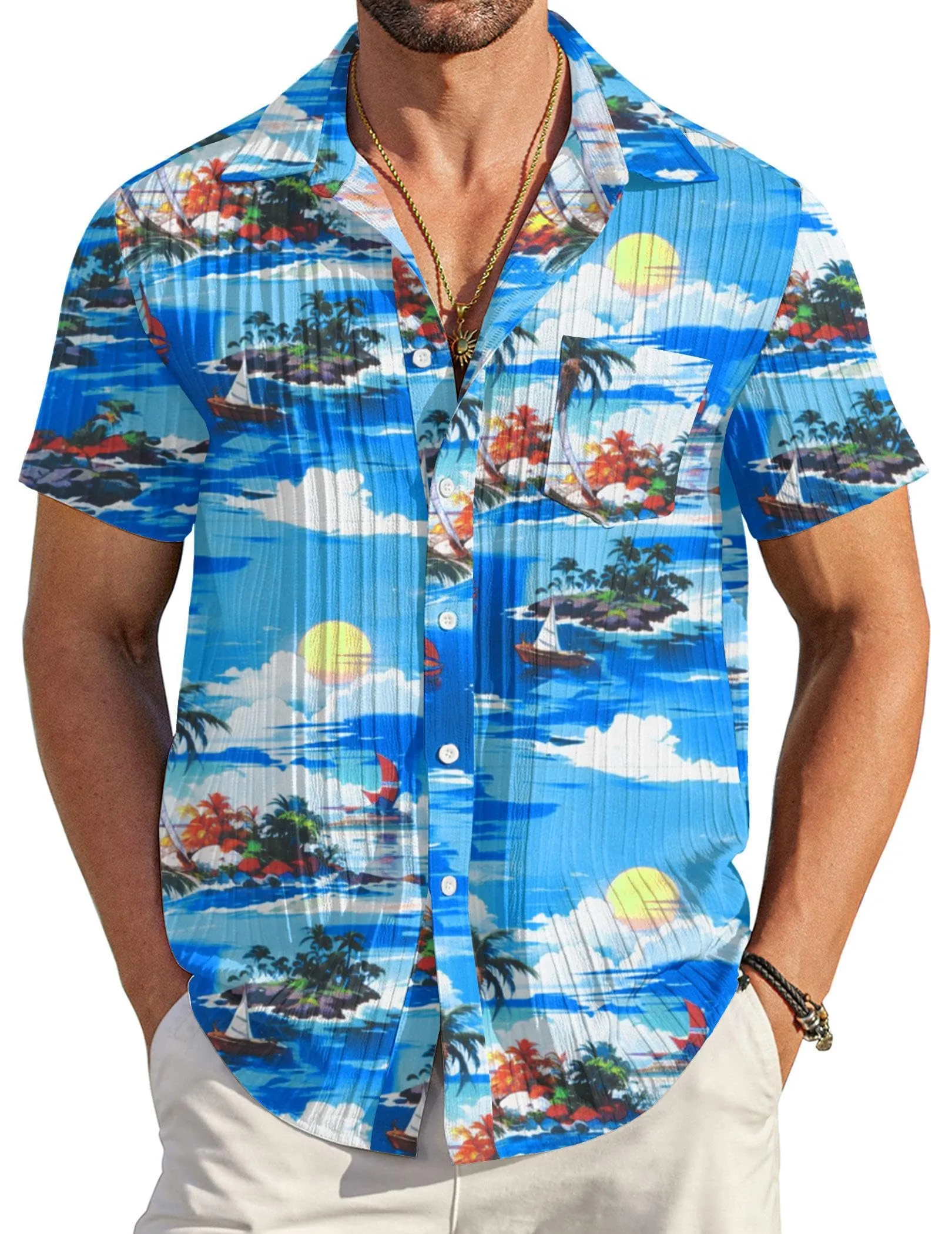 COOFANDY Men's Casual Button Down Shirts Short Sleeve Textured Summer Beach Shirt with Pocket