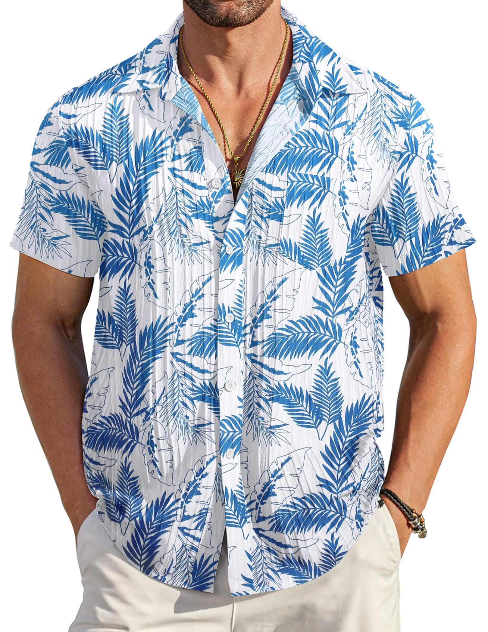 COOFANDY Men's Casual Button Down Shirts Short Sleeve Textured Summer Beach Shirt with Pocket