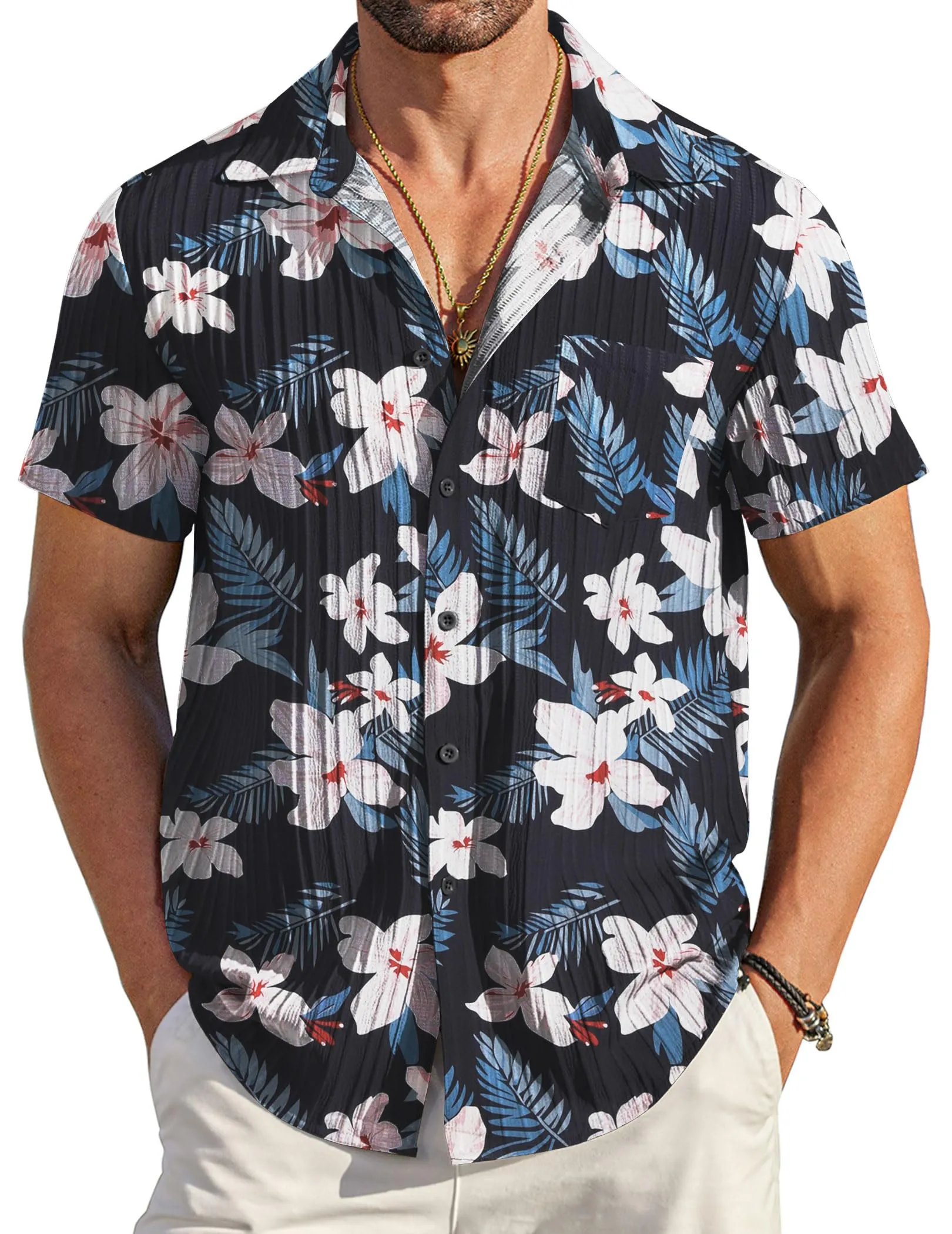 COOFANDY Men's Casual Button Down Shirts Short Sleeve Textured Summer Beach Shirt with Pocket