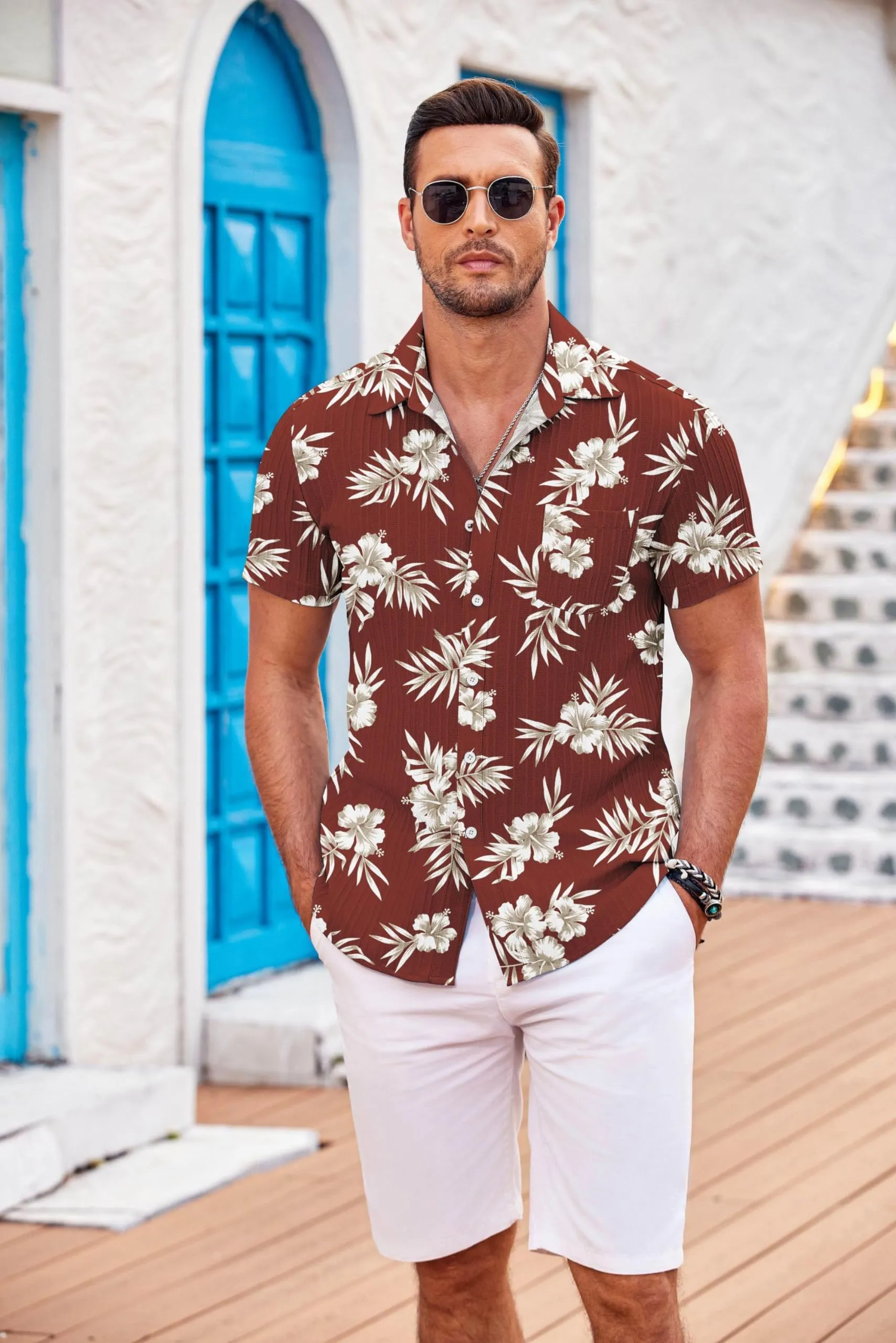 COOFANDY Men's Casual Button Down Shirts Short Sleeve Textured Summer Beach Shirt with Pocket