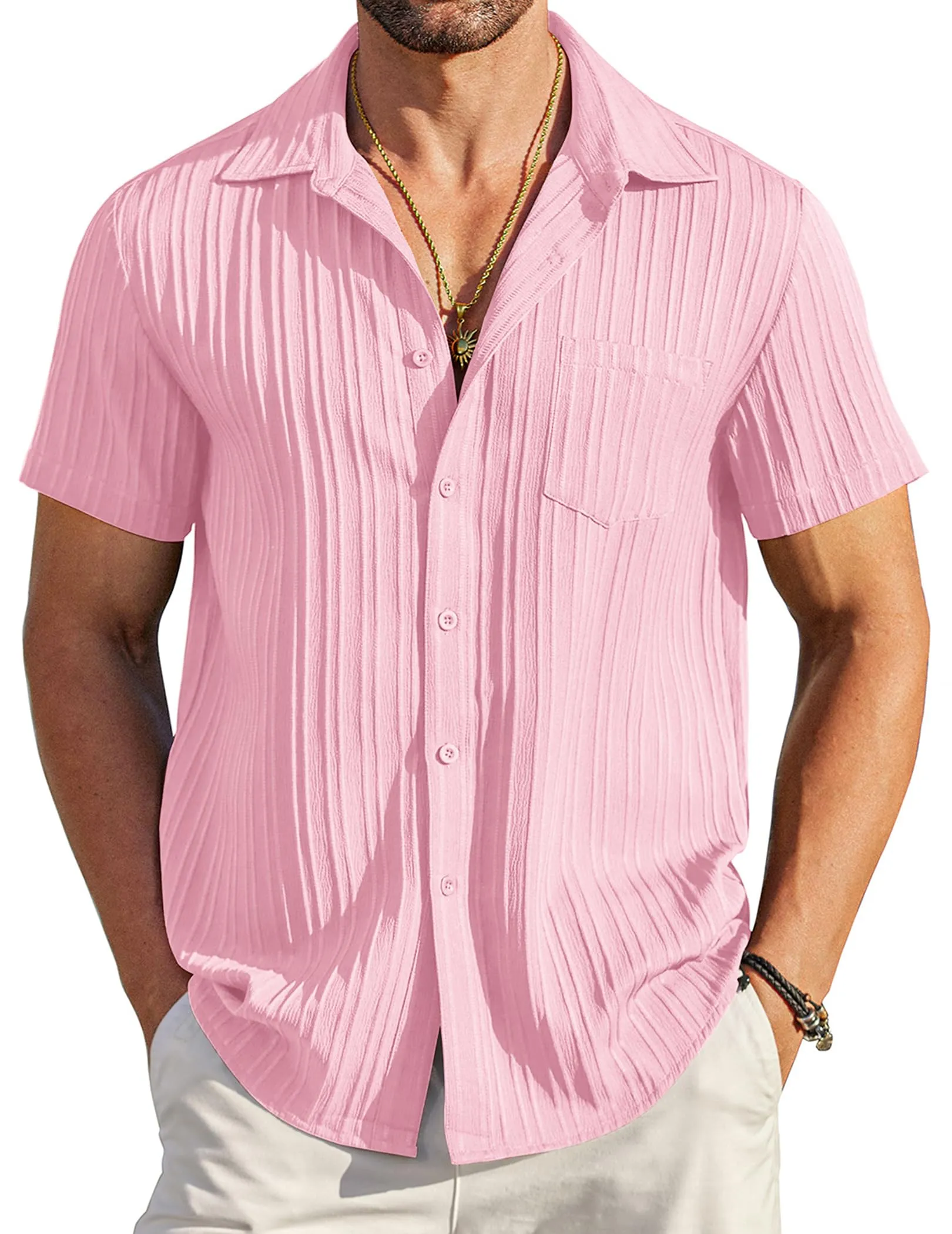 COOFANDY Men's Casual Button Down Shirts Short Sleeve Textured Summer Beach Shirt with Pocket