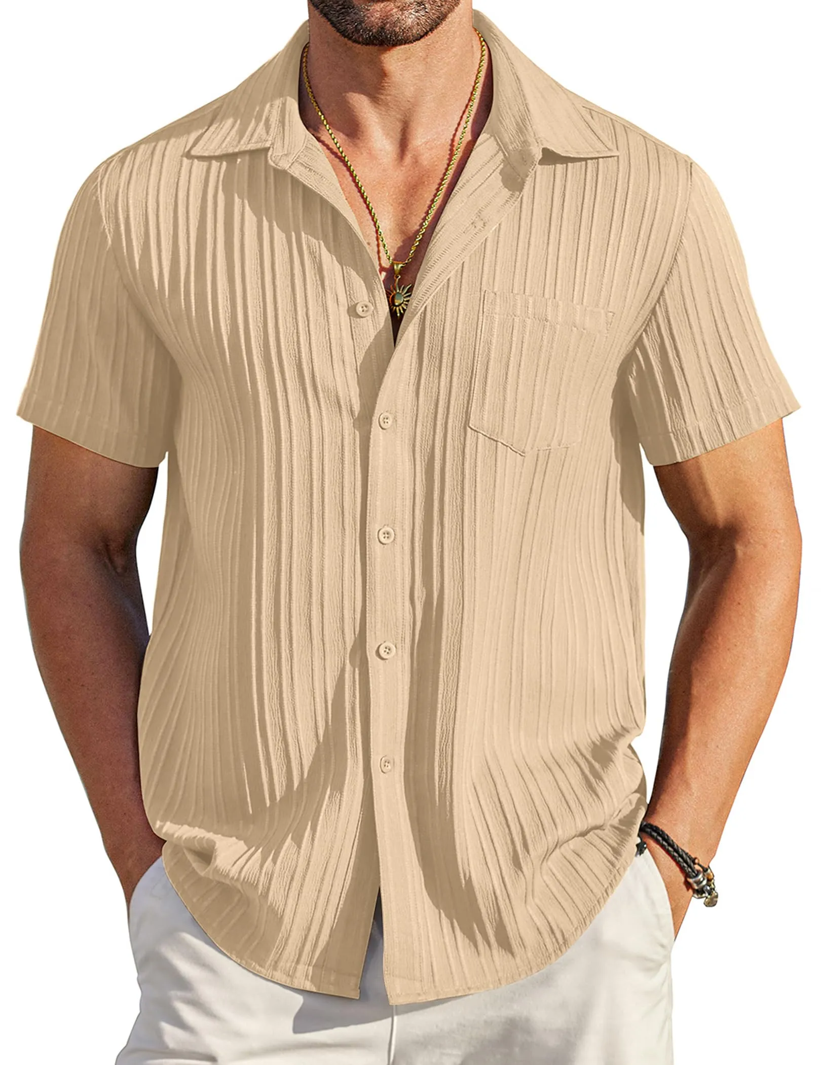 COOFANDY Men's Casual Button Down Shirts Short Sleeve Textured Summer Beach Shirt with Pocket
