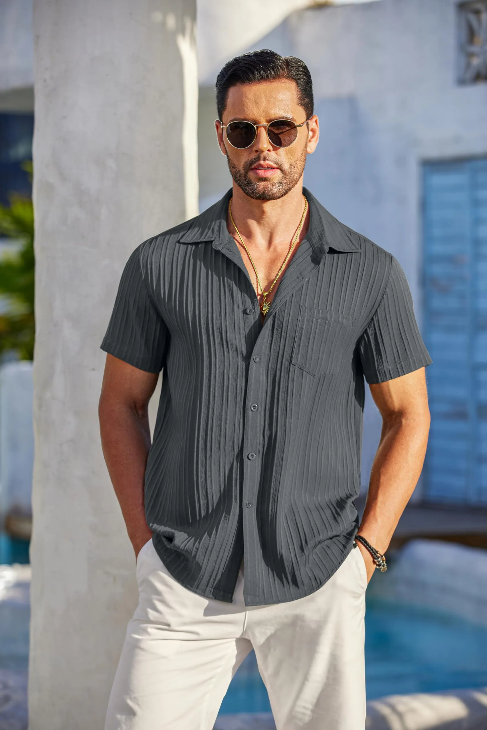 COOFANDY Men's Casual Button Down Shirts Short Sleeve Textured Summer Beach Shirt with Pocket