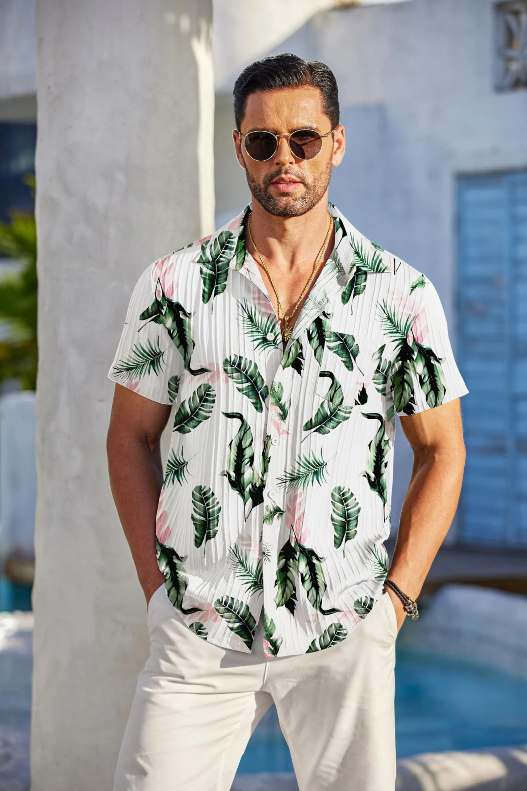 COOFANDY Men's Casual Button Down Shirts Short Sleeve Textured Summer Beach Shirt with Pocket
