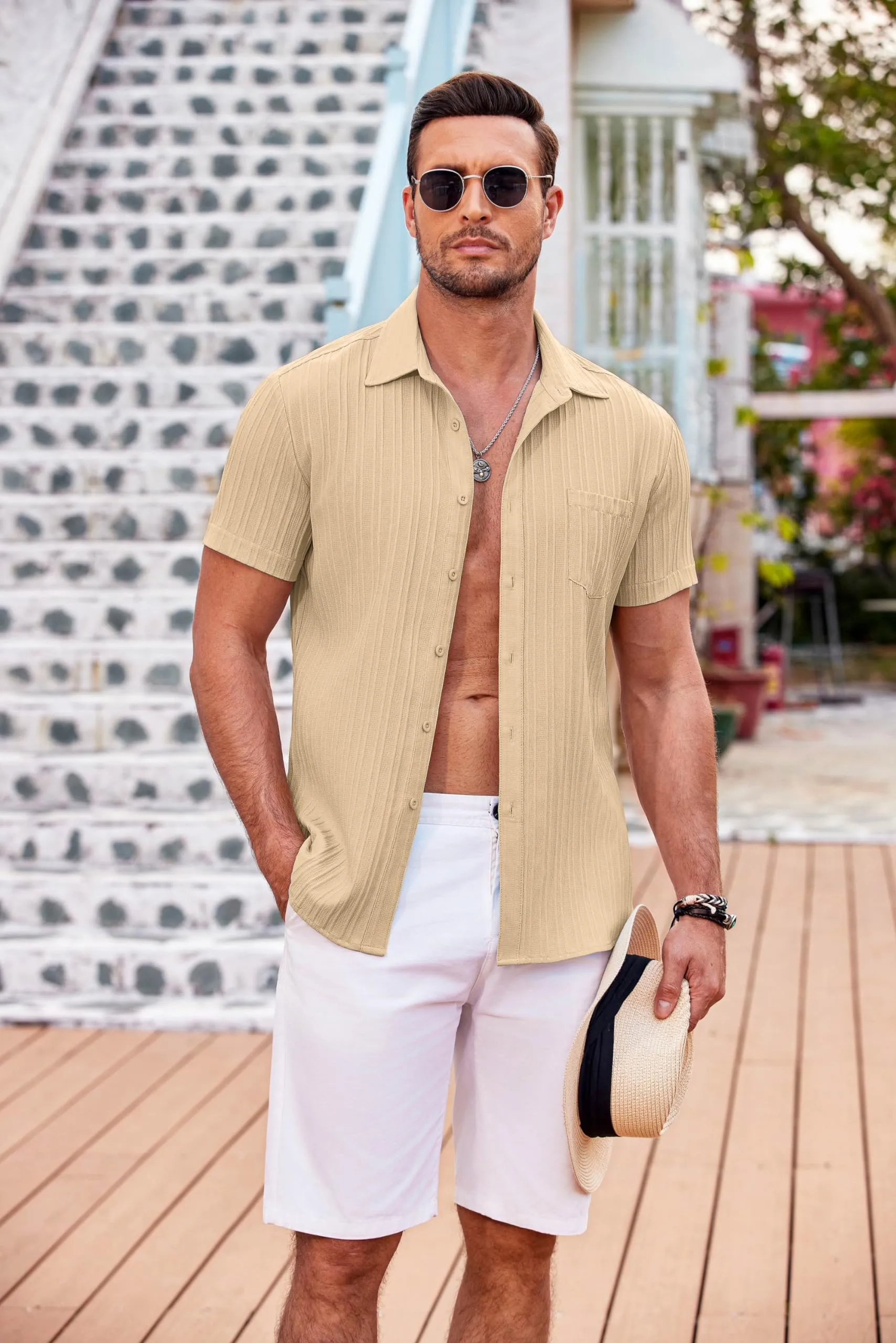 COOFANDY Men's Casual Button Down Shirts Short Sleeve Textured Summer Beach Shirt with Pocket