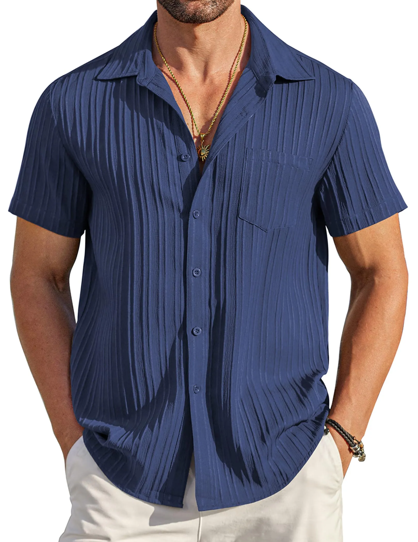 COOFANDY Men's Casual Button Down Shirts Short Sleeve Textured Summer Beach Shirt with Pocket