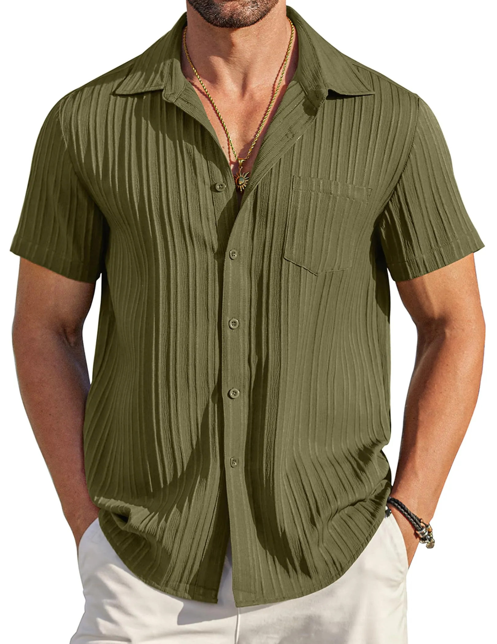 COOFANDY Men's Casual Button Down Shirts Short Sleeve Textured Summer Beach Shirt with Pocket