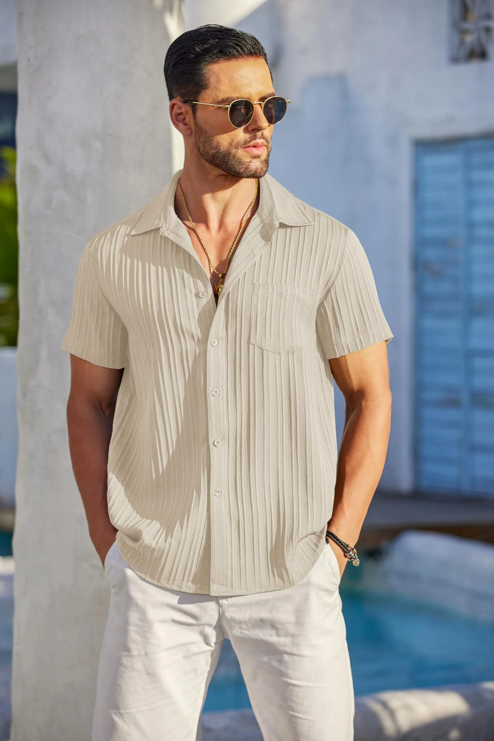 COOFANDY Men's Casual Button Down Shirts Short Sleeve Textured Summer Beach Shirt with Pocket