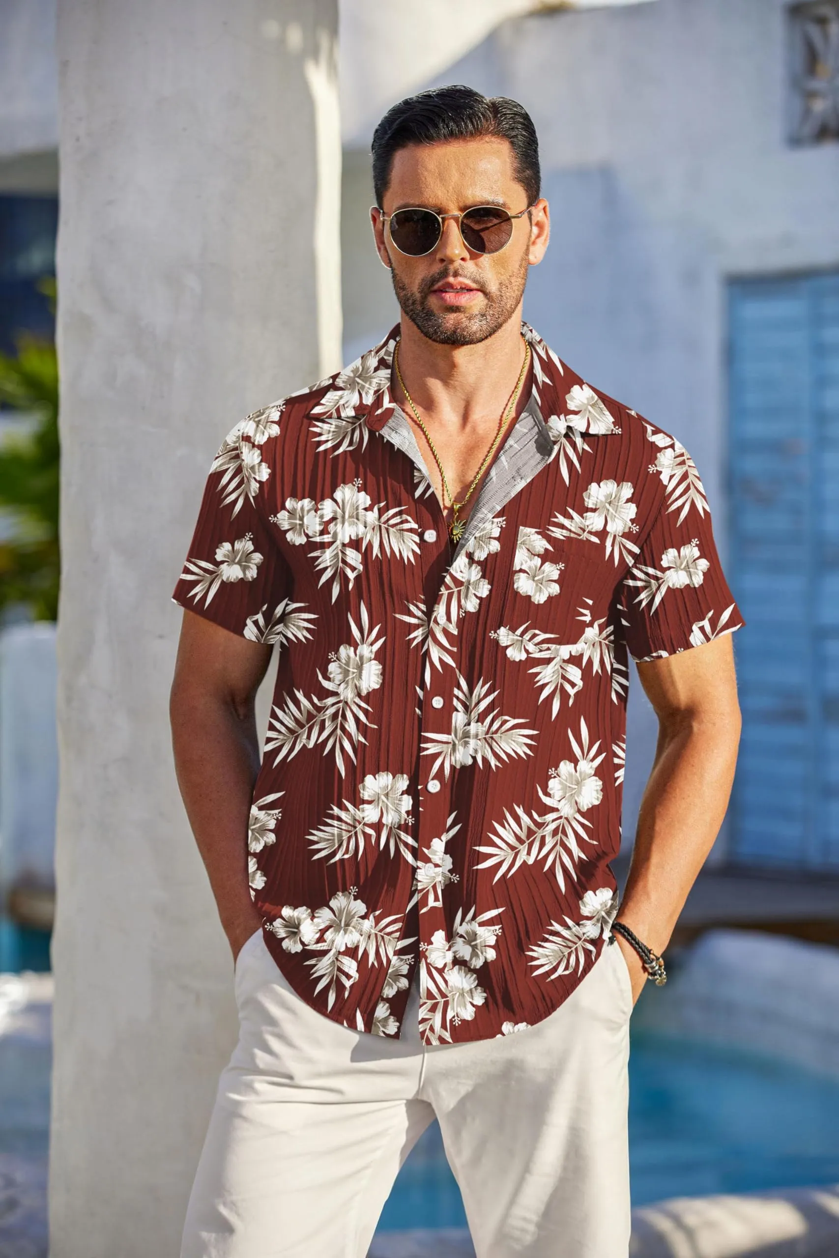 COOFANDY Men's Casual Button Down Shirts Short Sleeve Textured Summer Beach Shirt with Pocket