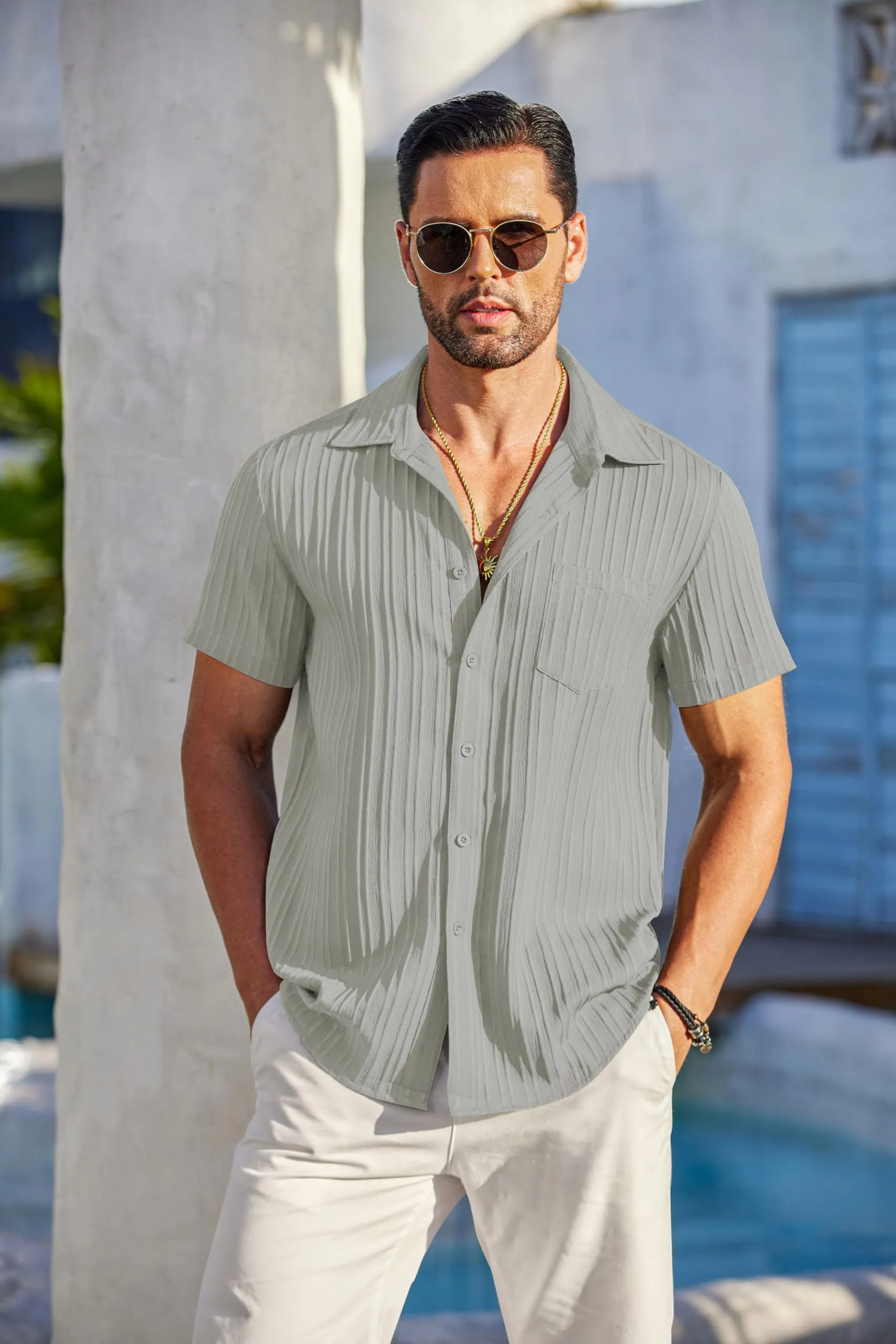 COOFANDY Men's Casual Button Down Shirts Short Sleeve Textured Summer Beach Shirt with Pocket