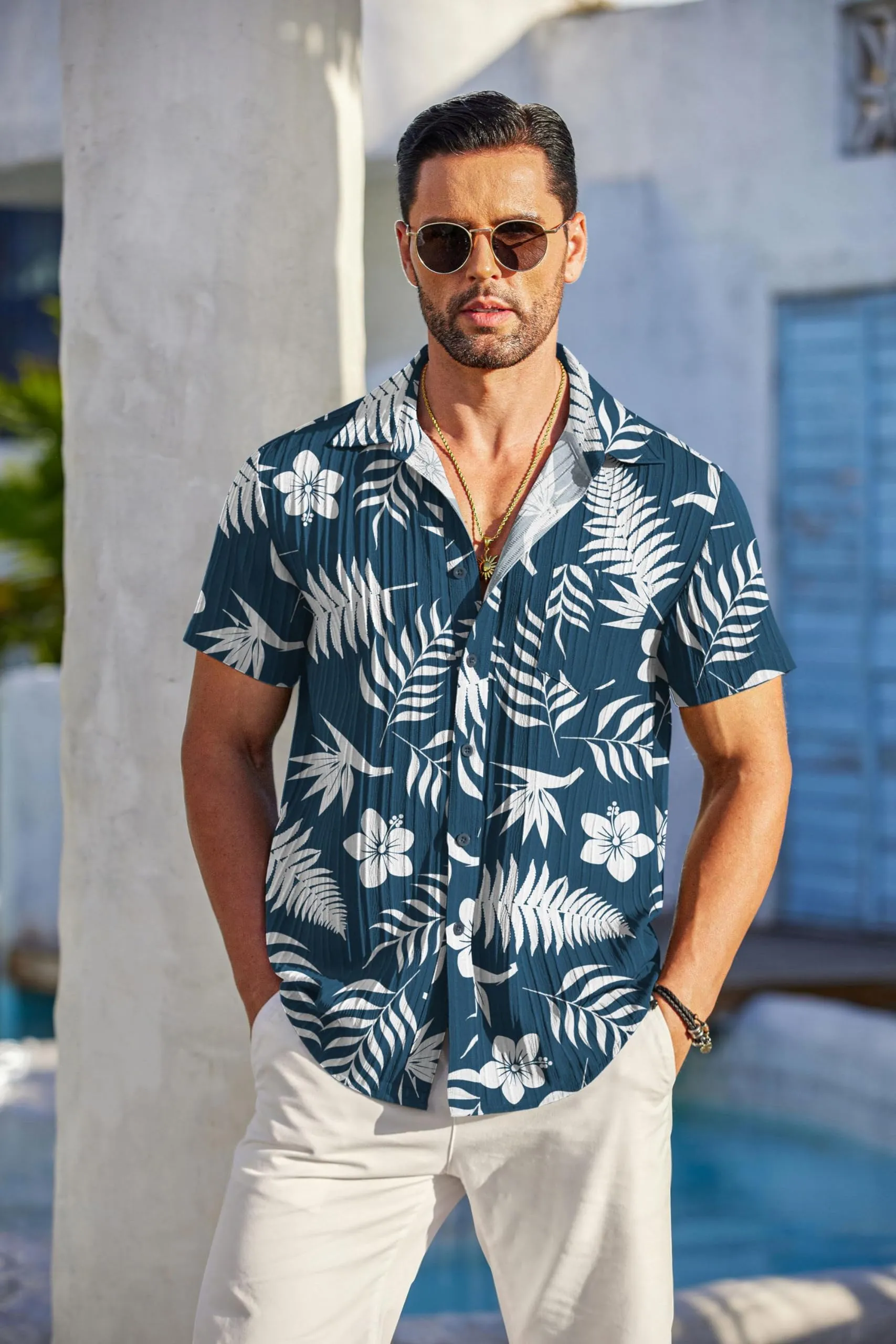 COOFANDY Men's Casual Button Down Shirts Short Sleeve Textured Summer Beach Shirt with Pocket