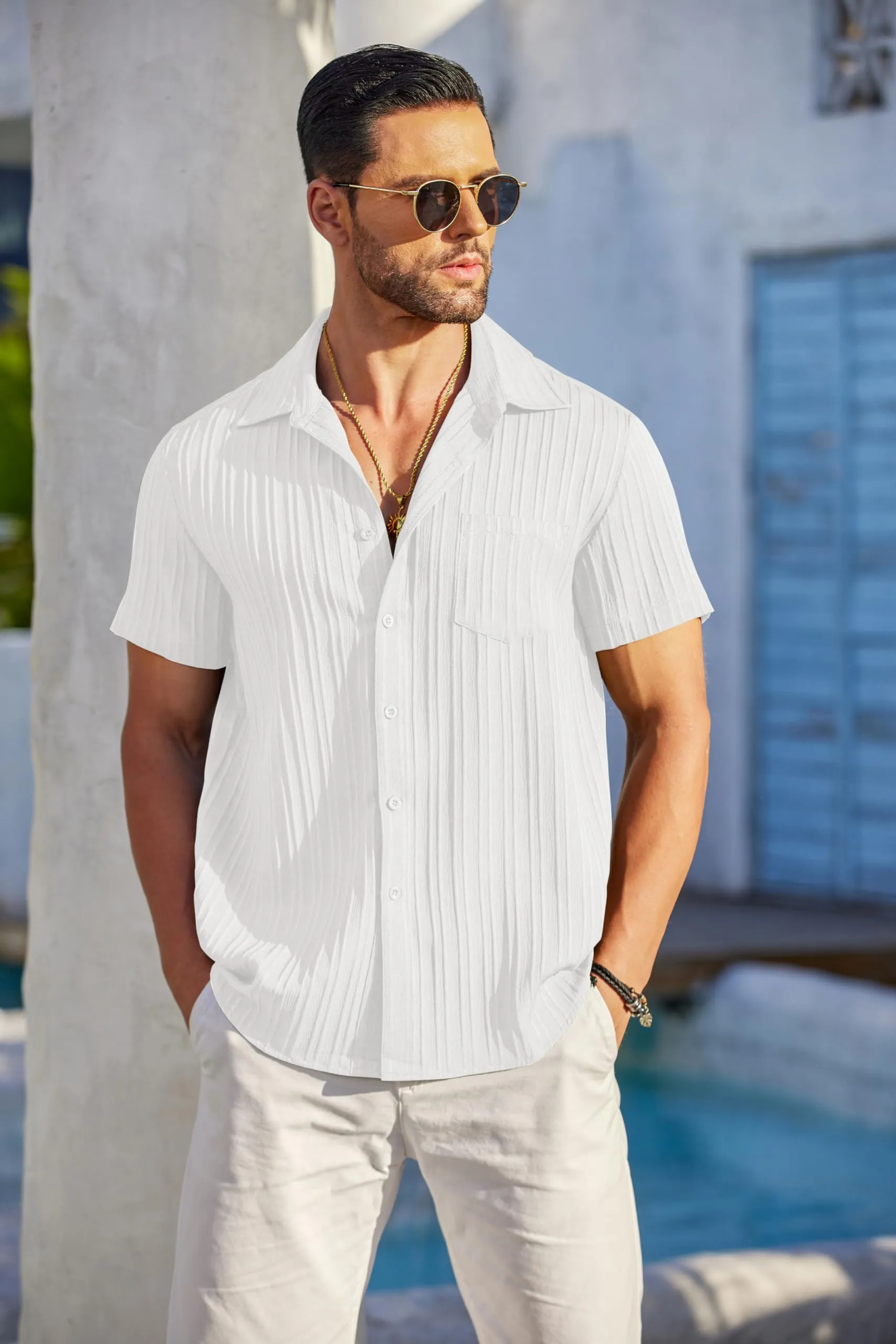 COOFANDY Men's Casual Button Down Shirts Short Sleeve Textured Summer Beach Shirt with Pocket