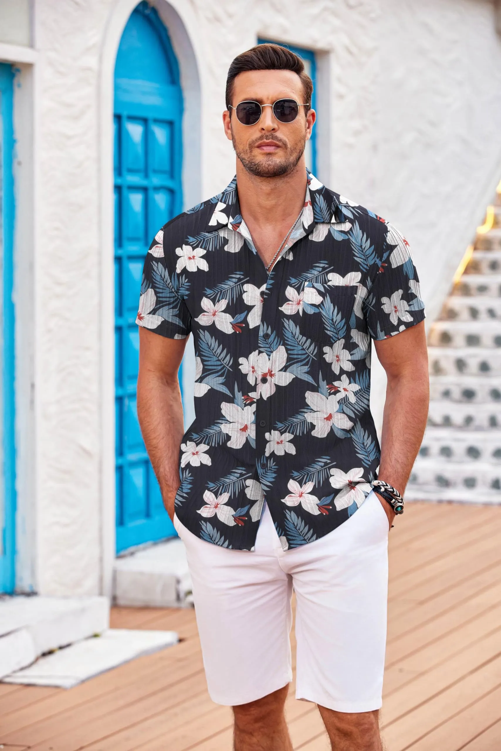 COOFANDY Men's Casual Button Down Shirts Short Sleeve Textured Summer Beach Shirt with Pocket