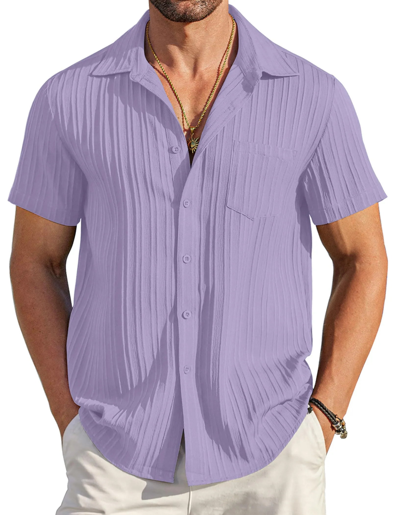 COOFANDY Men's Casual Button Down Shirts Short Sleeve Textured Summer Beach Shirt with Pocket