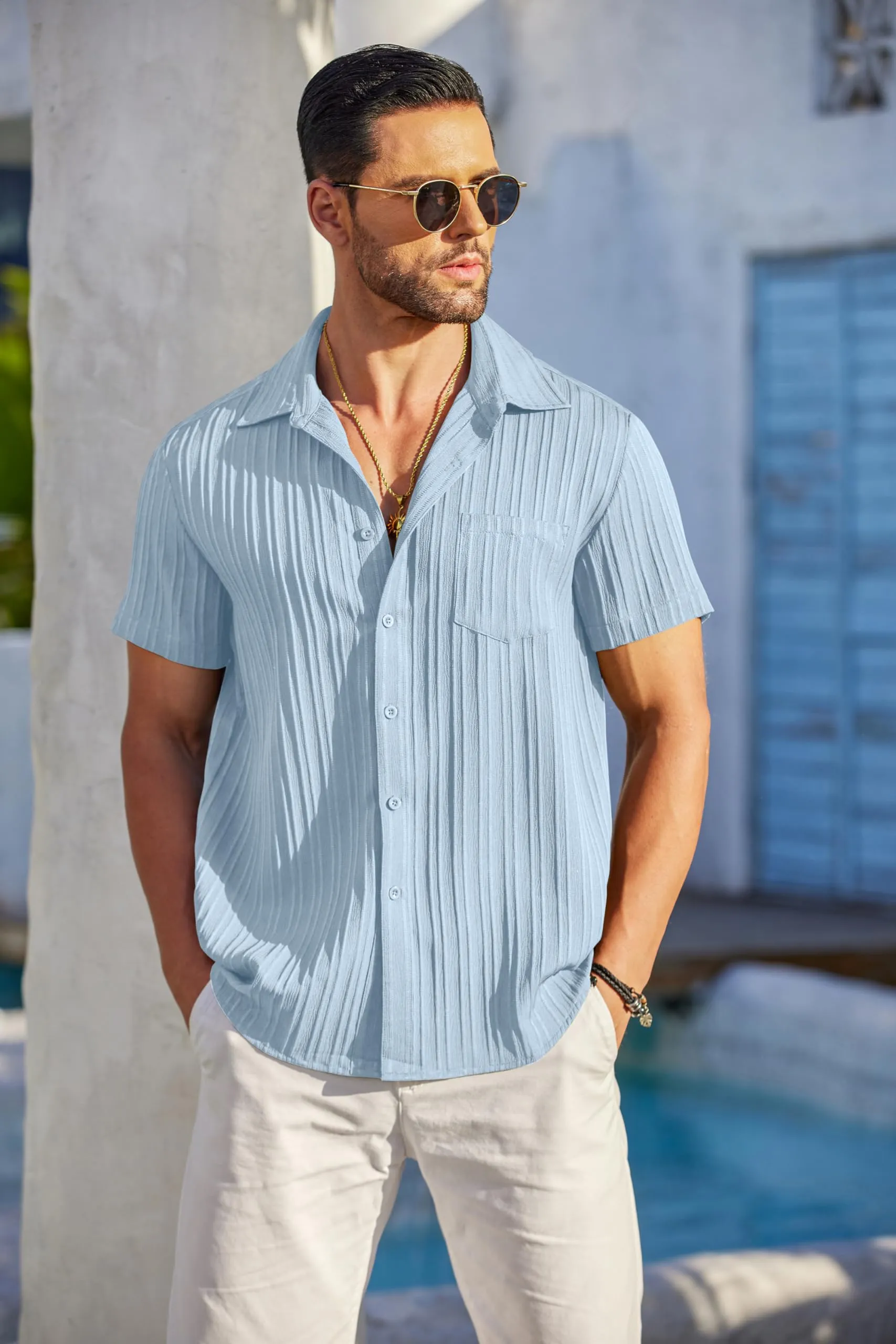 COOFANDY Men's Casual Button Down Shirts Short Sleeve Textured Summer Beach Shirt with Pocket