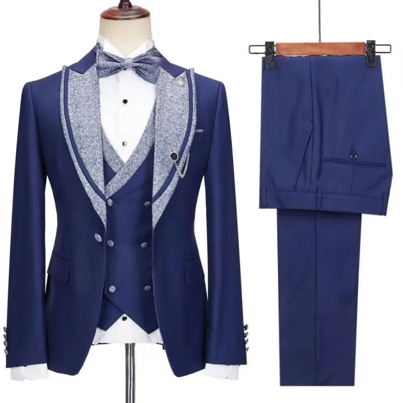 Dark Blue Peaked Lapel Three Pieces Wedding Suits Wedding Party Groom Blazer Vest Pants