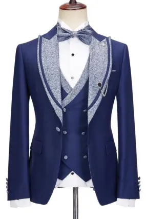Dark Blue Peaked Lapel Three Pieces Wedding Suits Wedding Party Groom Blazer Vest Pants