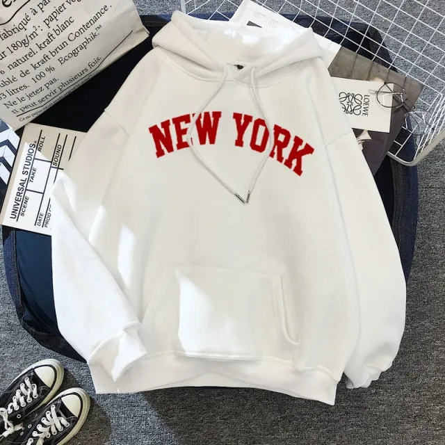 Female Thicken Warm Hoodies Lady Autumn Tops NEW Sweatshirts Velvet Winter Women's NEW YORK Printing Hooded Hoodies