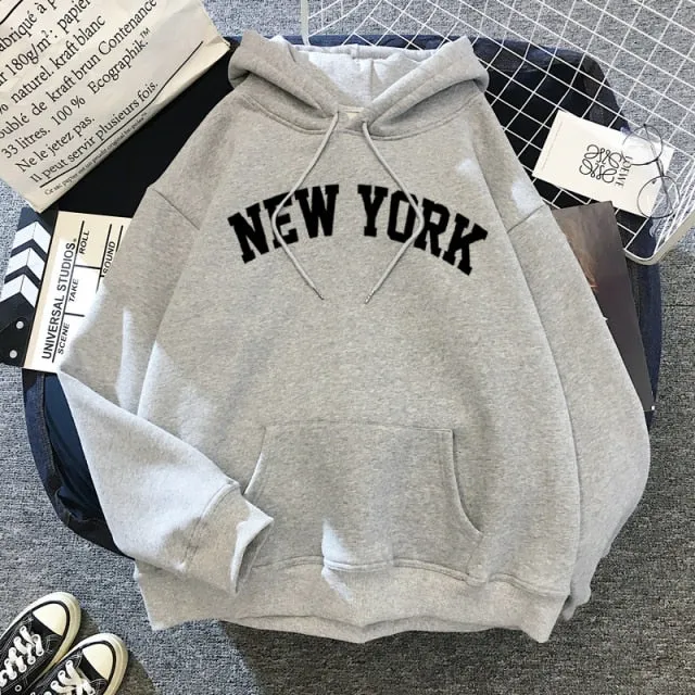 Female Thicken Warm Hoodies Lady Autumn Tops NEW Sweatshirts Velvet Winter Women's NEW YORK Printing Hooded Hoodies