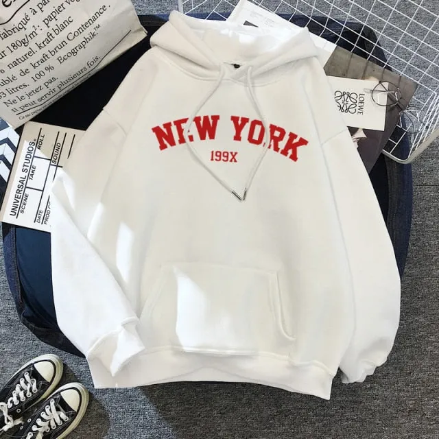 Female Thicken Warm Hoodies Lady Autumn Tops NEW Sweatshirts Velvet Winter Women's NEW YORK Printing Hooded Hoodies