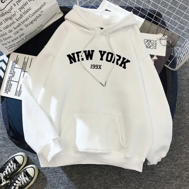 Female Thicken Warm Hoodies Lady Autumn Tops NEW Sweatshirts Velvet Winter Women's NEW YORK Printing Hooded Hoodies