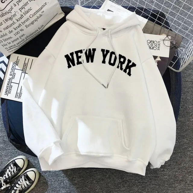 Female Thicken Warm Hoodies Lady Autumn Tops NEW Sweatshirts Velvet Winter Women's NEW YORK Printing Hooded Hoodies