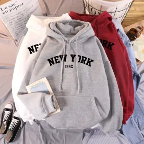 Female Thicken Warm Hoodies Lady Autumn Tops NEW Sweatshirts Velvet Winter Women's NEW YORK Printing Hooded Hoodies