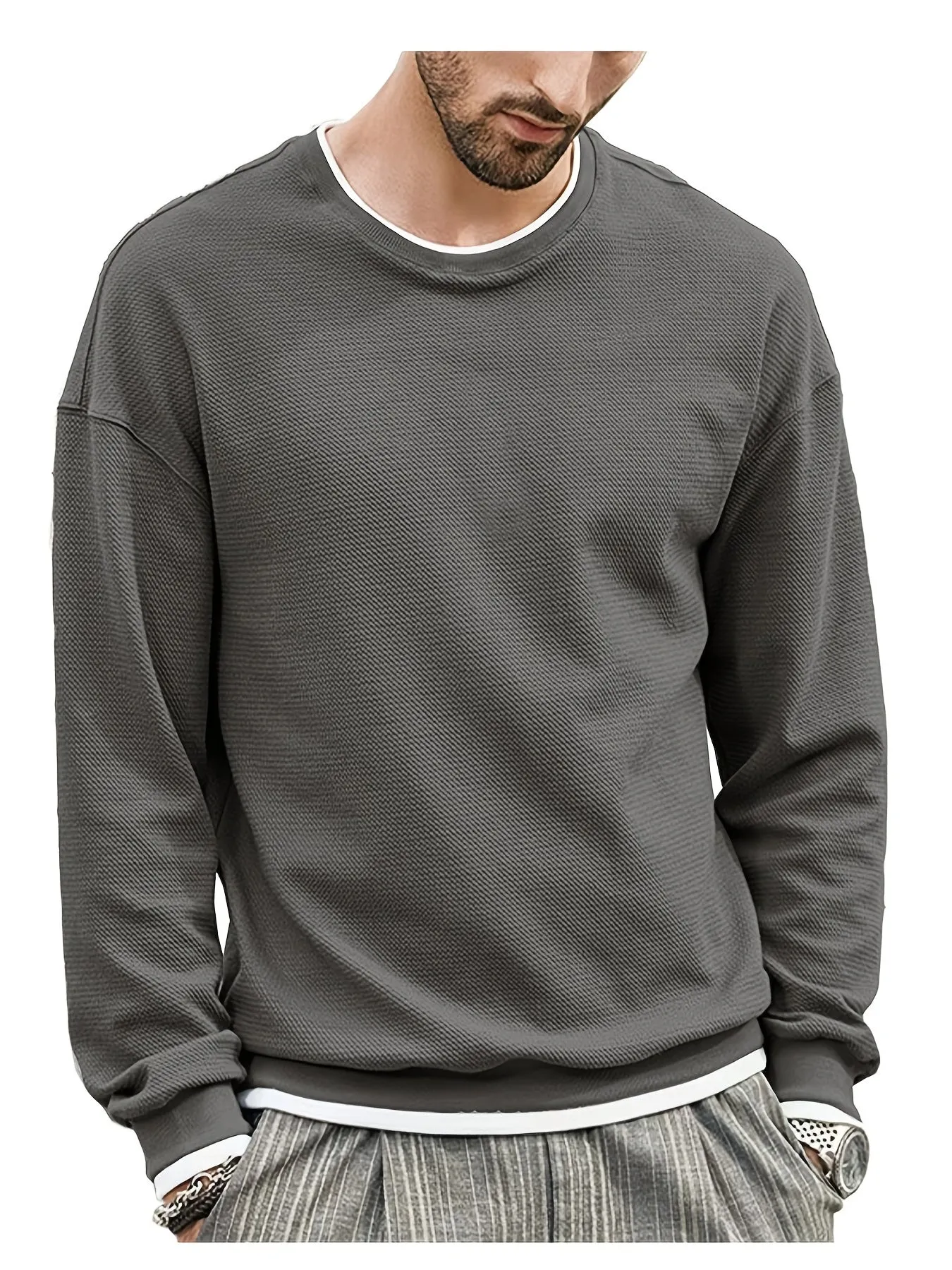 Mens Casual Fabric Texture Non Stretch Crew Neck Long Sleeves Pullover