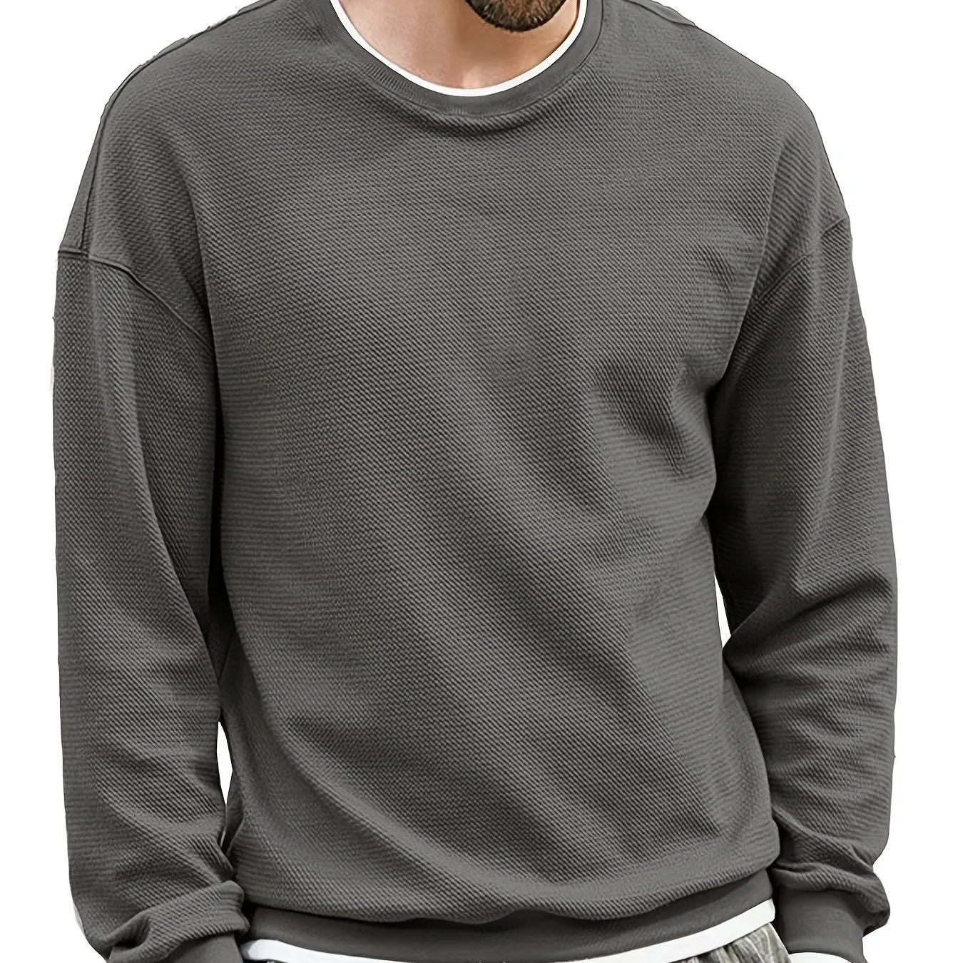 Mens Casual Fabric Texture Non Stretch Crew Neck Long Sleeves Pullover